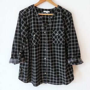 Vintage Notations Grid Window Pane Black White V Neck Button Down Blouse Sz XL